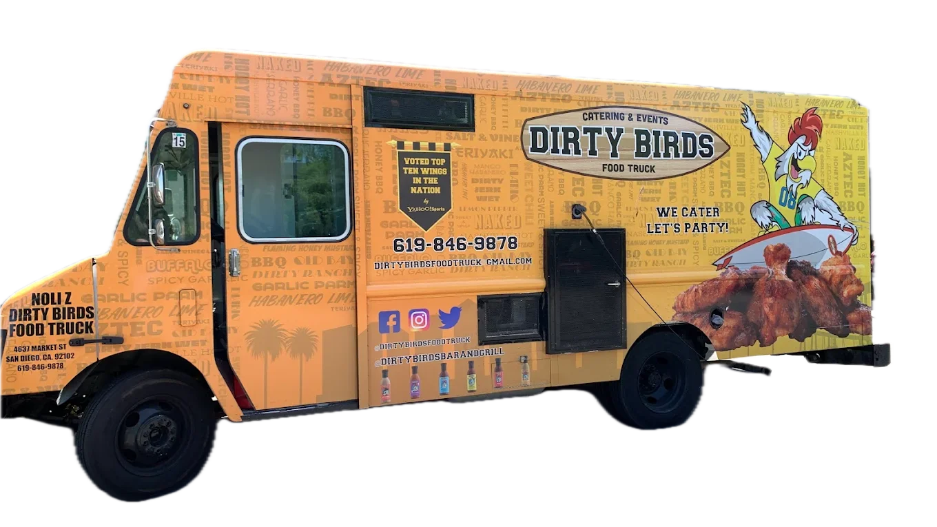 The orange Dirty Birds food truck with its surfing rooster and typographic sauce wrap